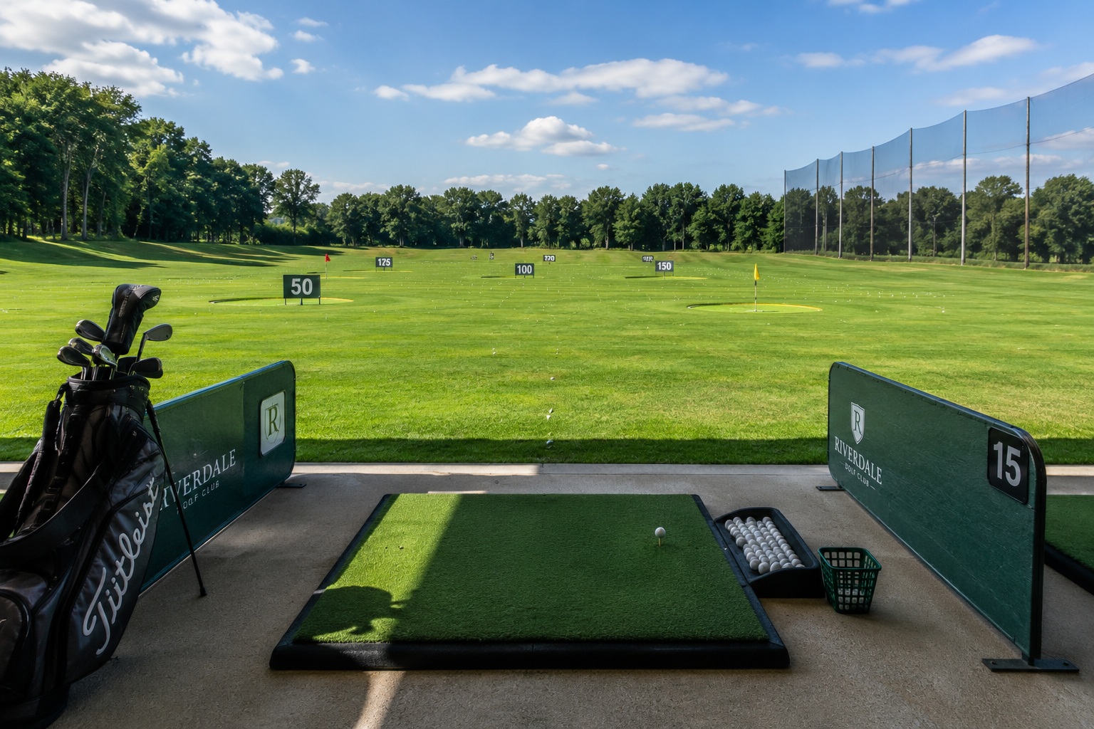 A teed-up golf ball on a driving range mat, facing distance markers and a practice green