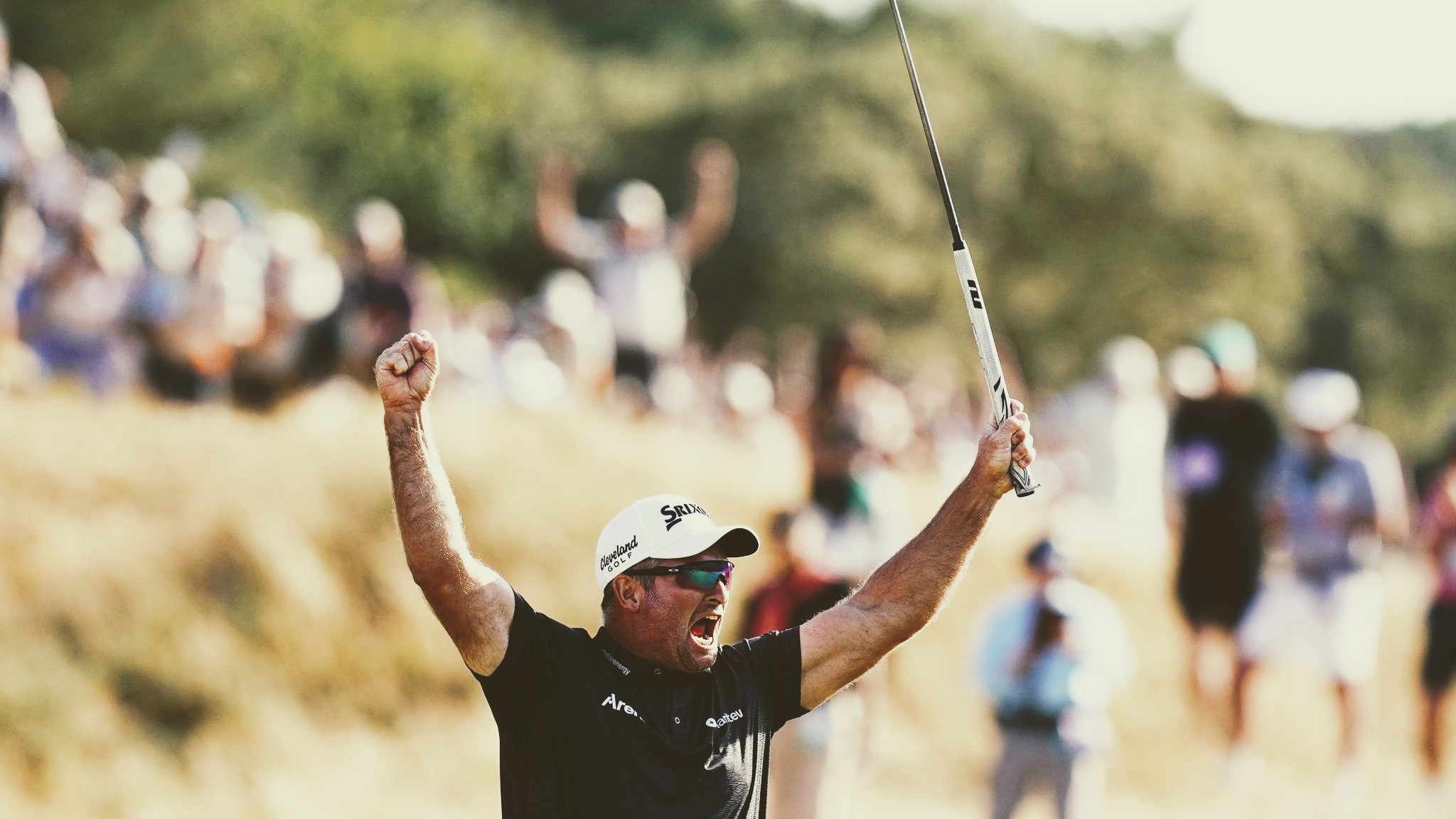 Ryan Fox celebrating with arms raised after his Open Championship winning shot