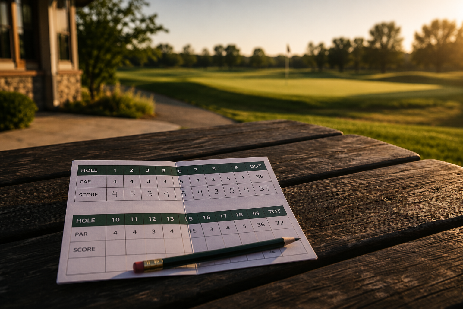 A golf scorecard and pencil resting on a wooden table overlooking a sunlit fairway